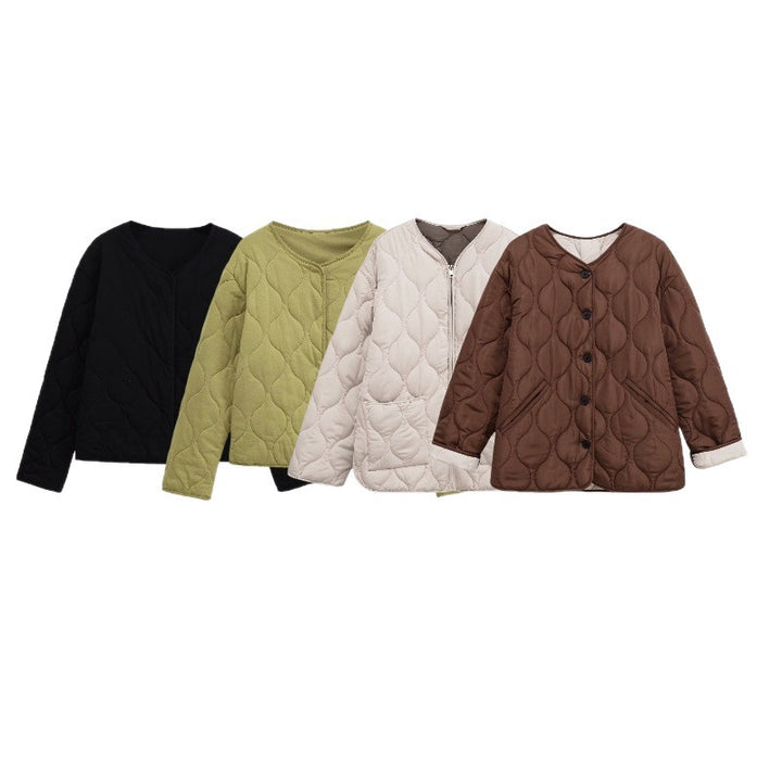 Damen gesteppte Jacke mit Rundsteppung, Knopfleiste und V‑Ausschnitt Drune