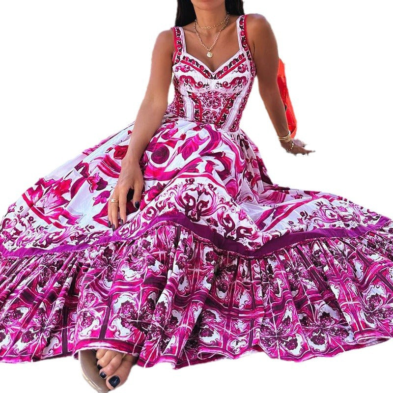 Damen Elegantes Maxikleid mit verspieltem Rüschendesign und üppigen Mustern Drune