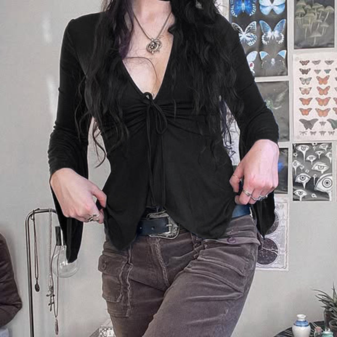 Damen Wickeloberteil mit voluminösen Ärmeln und raffinierten Knotendetails Drune
