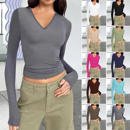 Damen Langarmshirt mit V-Ausschnitt und figurbetonendem Schnitt Drune
