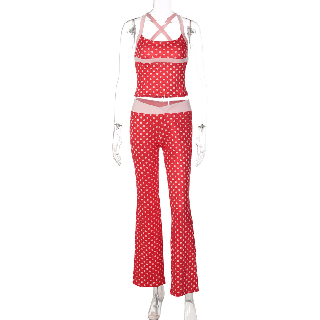 Damen Polka Dot Sportanzug mit cropped Oberteil und Flared Pants Drune
