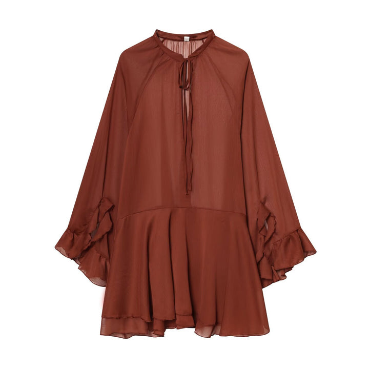 Damen Fließendes Chiffon-Minikleid mit Rüschenärmeln und Schluppe Drune