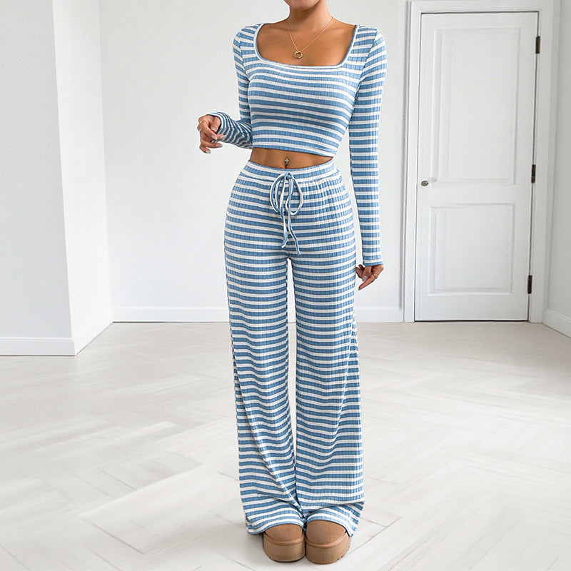 Damen Freizeitliches Zweiteiliges Set mit gestreiftem Oberteil und weitem Hose Drune