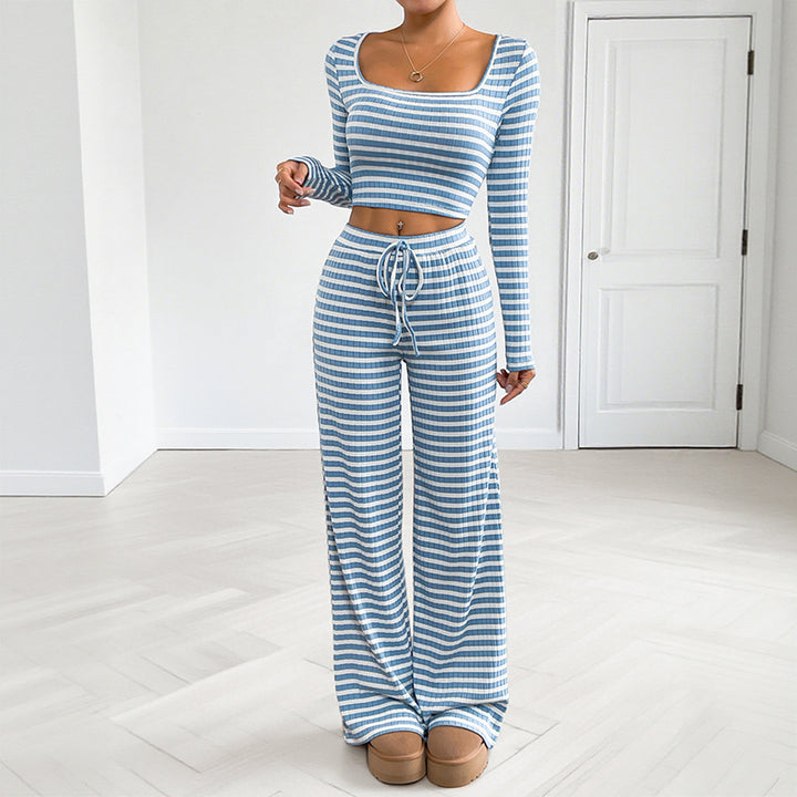 Damen Freizeitliches Zweiteiliges Set mit gestreiftem Oberteil und weitem Hose Drune