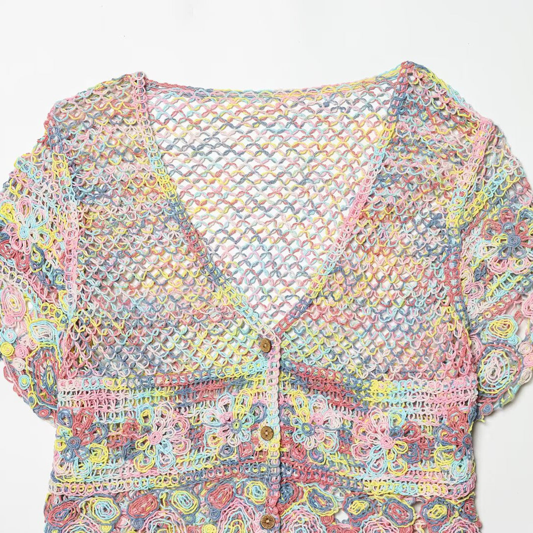 Damen luftiger Spitzen-Crochet-Cardigan mit buntem Häkelmuster Drune