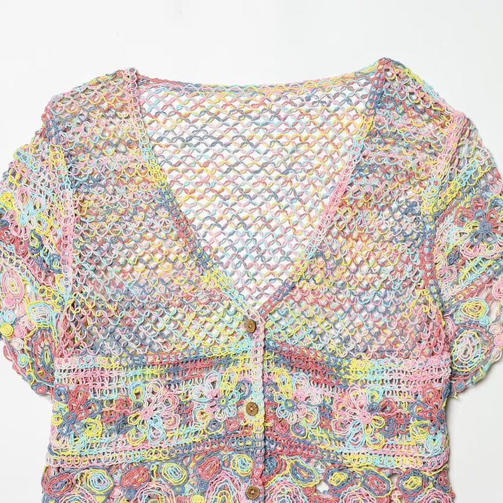Damen luftiger Spitzen-Crochet-Cardigan mit buntem Häkelmuster Drune