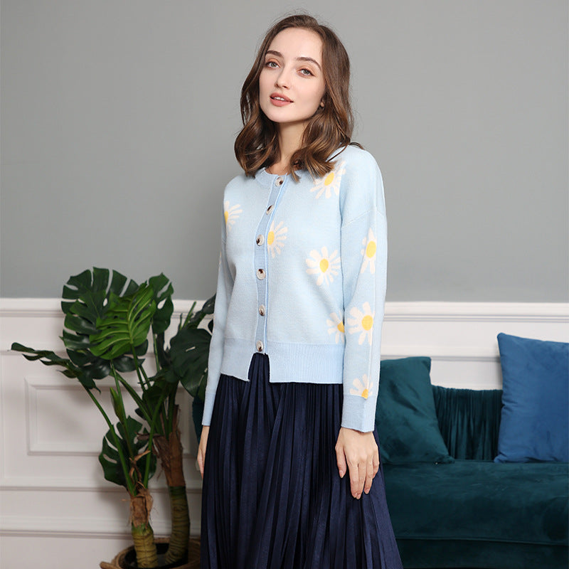 Damen modische Strickjacke mit floralem Muster und kurzen Ärmeln Drune