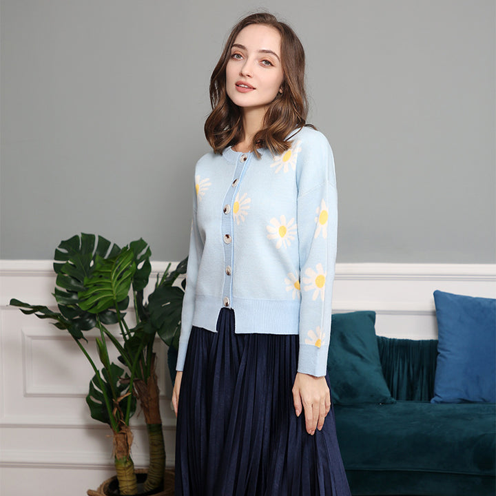 Damen modische Strickjacke mit floralem Muster und kurzen Ärmeln Drune