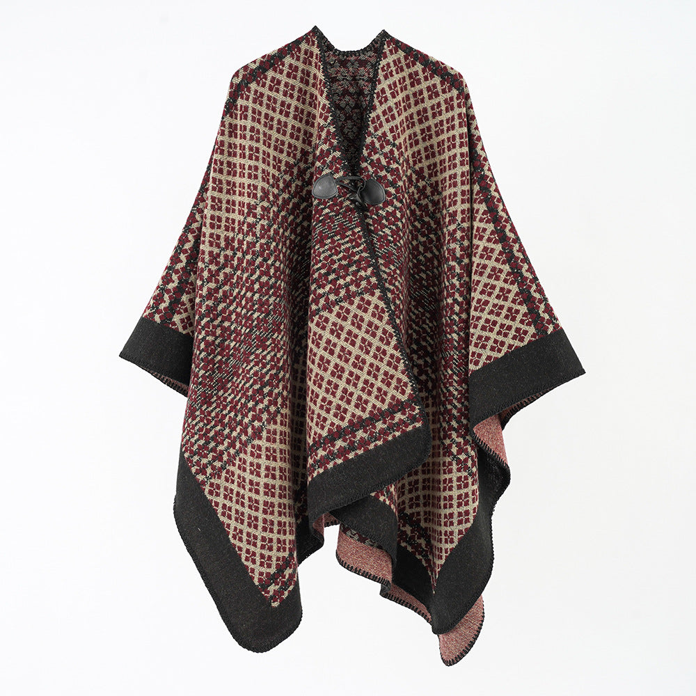 Damen Wollponcho mit geometrischem Karomuster und Knebelverschluss Drune