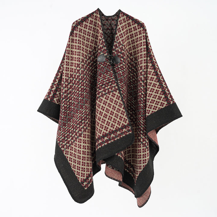Damen Wollponcho mit geometrischem Karomuster und Knebelverschluss Drune
