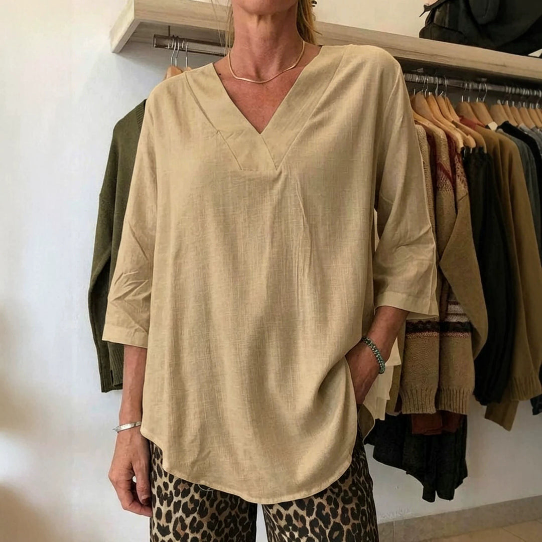 Damen Leichte Oversize V-Ausschnitt Tunika in Leinenoptik mit dreiviertel Ärmeln und abgerundetem Saum Drune