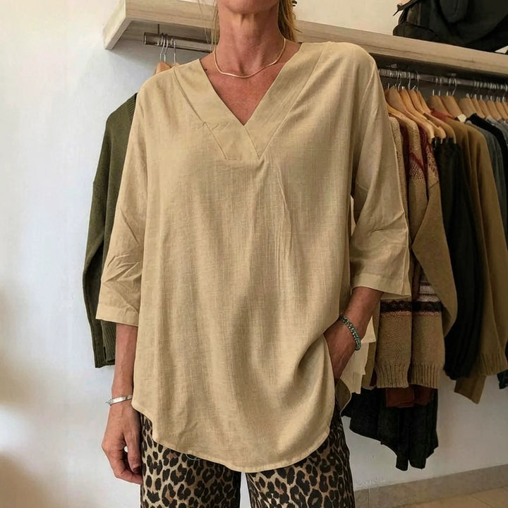 Damen Leichte Oversize V-Ausschnitt Tunika in Leinenoptik mit dreiviertel Ärmeln und abgerundetem Saum Drune