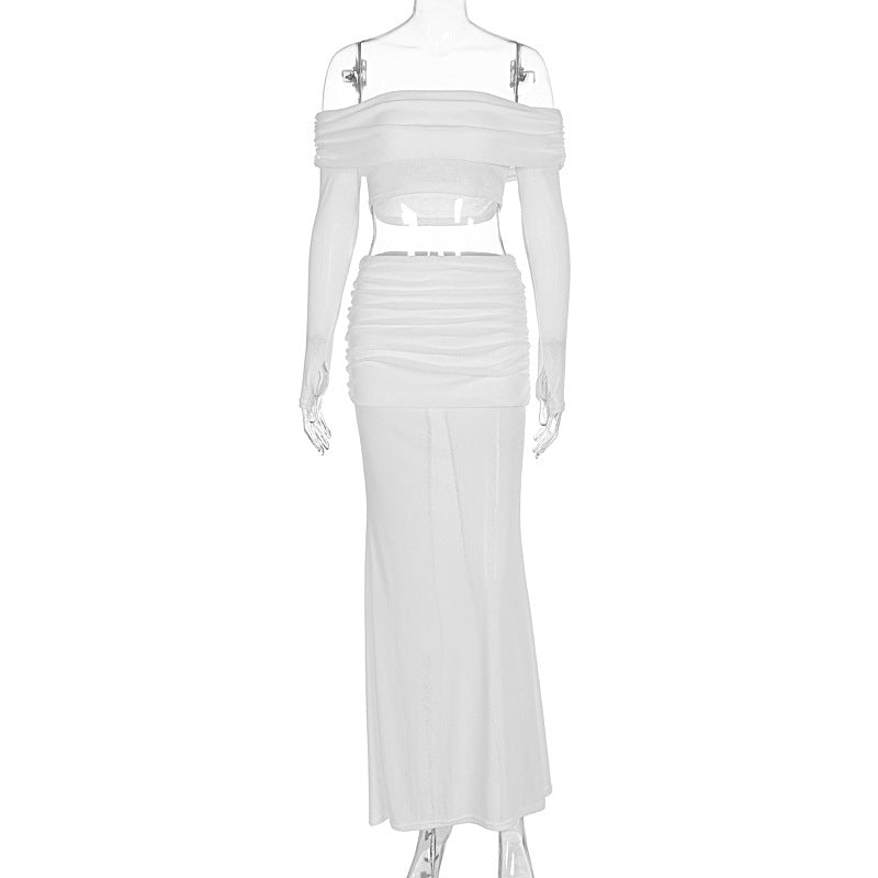 Damen Off-Shoulder Maxi-Kleid mit gerafftem Oberteil und elegantem Rock Drune