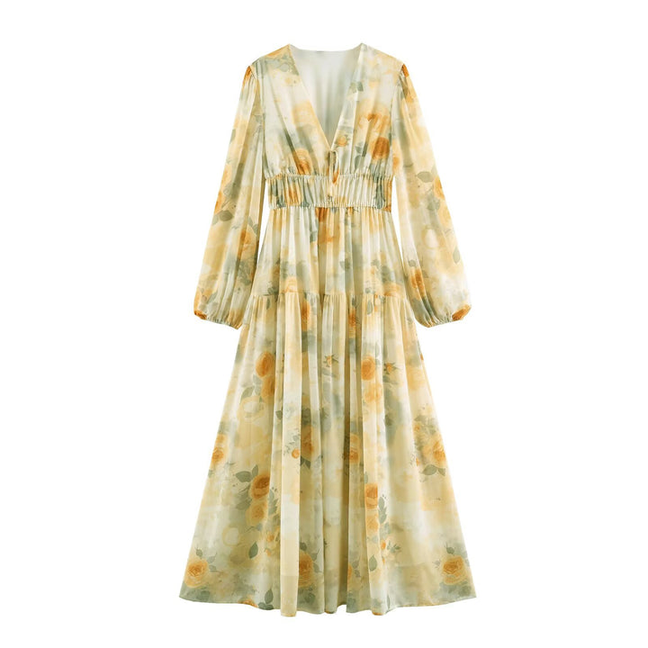 Damen Luftiges Chiffon-Midikleid mit tiefem V-Ausschnitt, geraffter Smock-Taille und Volantstufen Drune