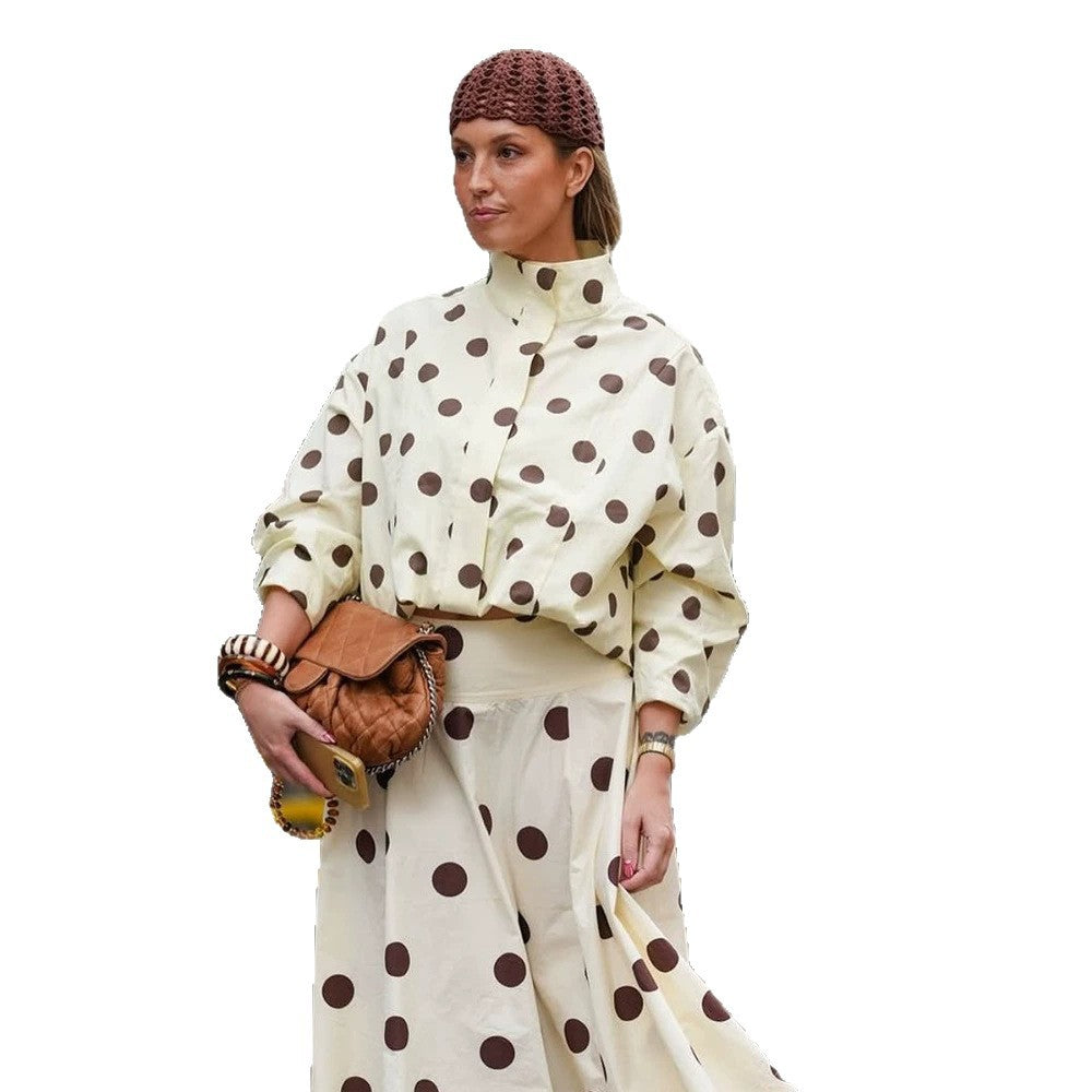 Damen Boxy Hemdjacke mit Stehkragen, Ballonärmeln und großem Polka‑Dot‑Print Drune