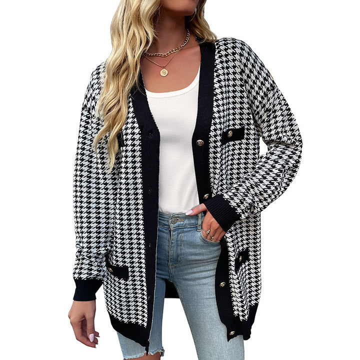 Damen Oversized Strickcardigan mit Hahnentritt-Muster und goldenen Zierknöpfen Drune