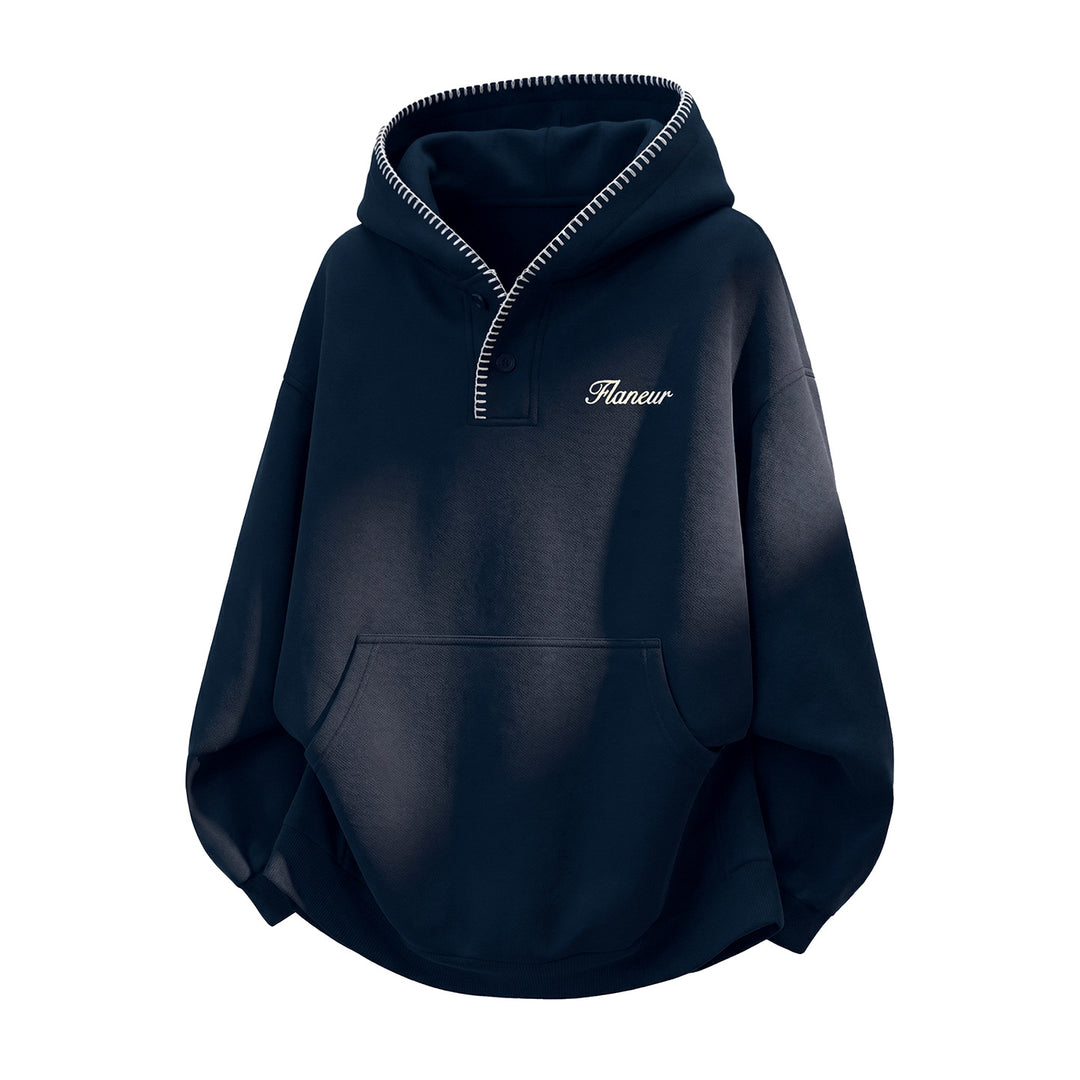 Unisex Oversize Kapuzenpullover mit Kängurutasche, halber Knopfleiste und Ziernaht Drune