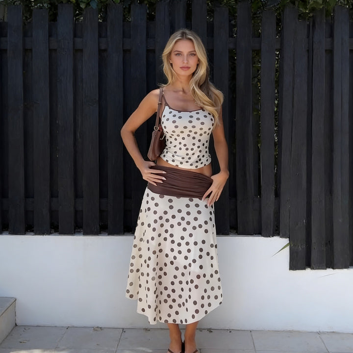 Damen Elegantes Polka-Dots Maxikleid mit figurbetontem Oberteil und schwingendem Rock Drune