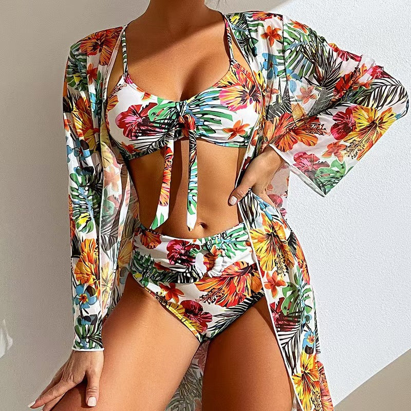 Damen Bikini-Set mit floralen Mustern und luftiger Kimono-Überjacke Drune