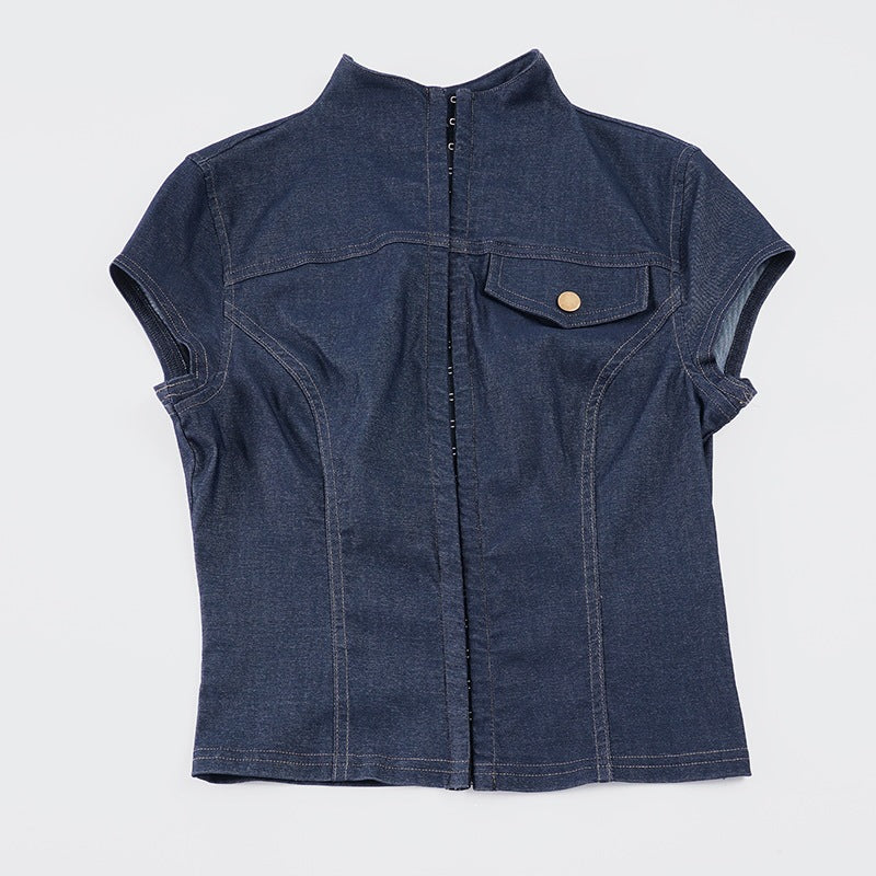 Damen modische Kurzarm Denim-Bluse mit eleganter Knopf-Detailierung Drune