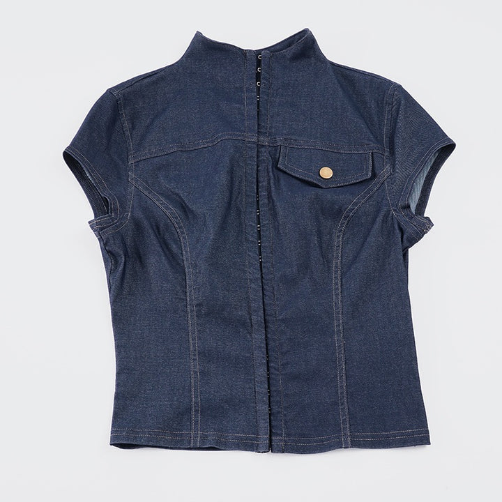 Damen modische Kurzarm Denim-Bluse mit eleganter Knopf-Detailierung Drune