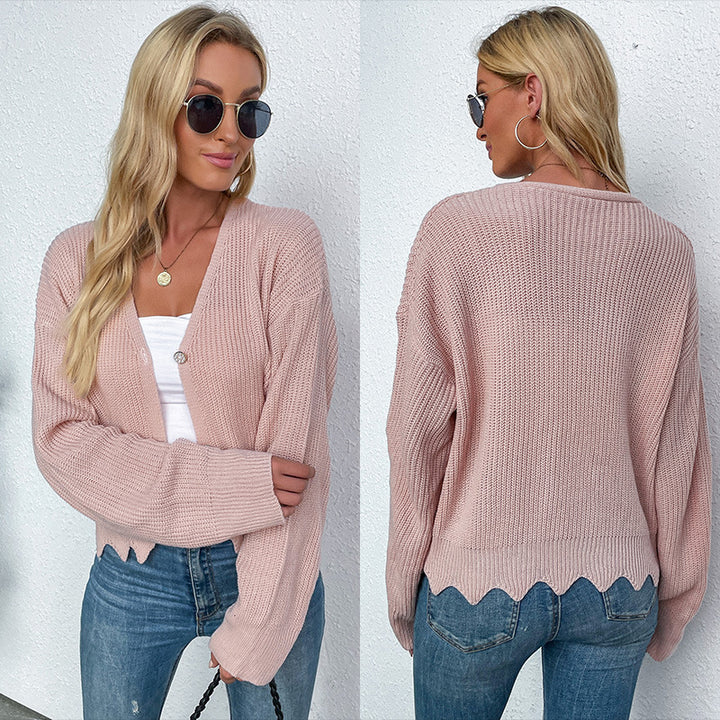 Damen Kurzgeschnittener Feinstrick-Cardigan mit V‑Ausschnitt und Wellensaum Drune