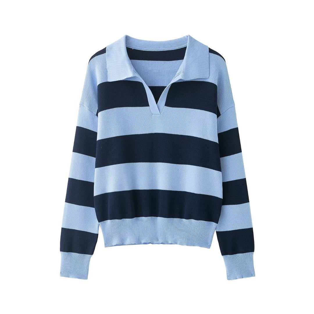 Damen Gestreifter Oversize-Rugby-Pullover mit Polokragen und V-Ausschnitt Drune