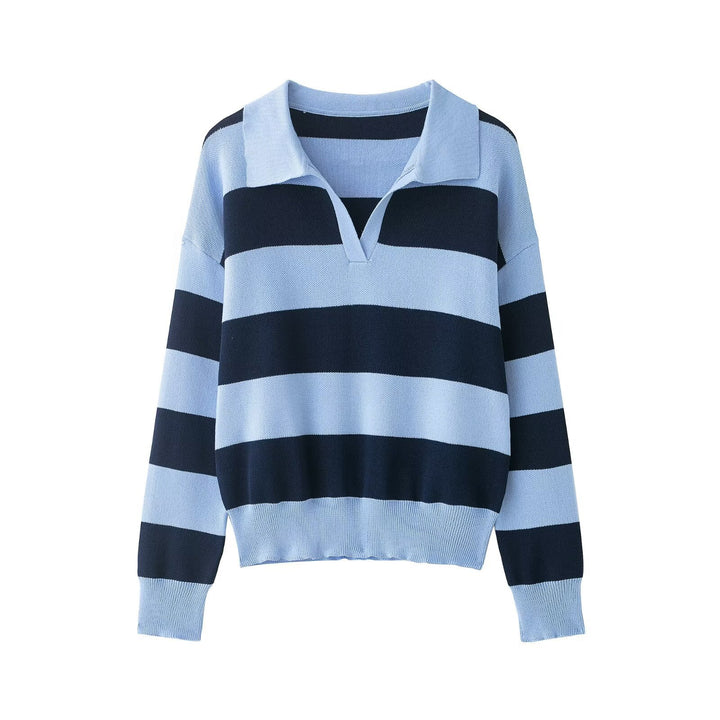 Damen Gestreifter Oversize-Rugby-Pullover mit Polokragen und V-Ausschnitt Drune