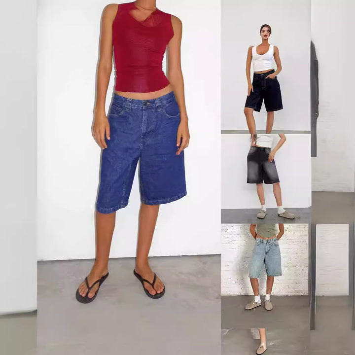Damen lässige Denim-Shorts mit weitem Schnitt und hohen Seitentaschen Drune