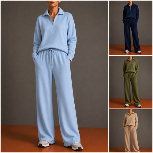 Damen nan kuscheliger Strick-Relaxanzug mit halbem Reißverschluss, Kordelbund und weitem Bein Drune