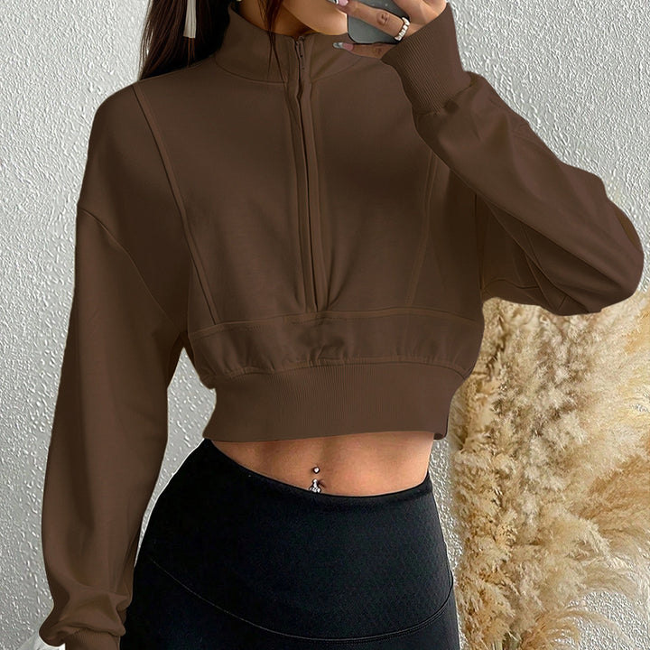 Damen kurzes Stehkragen-Sweatshirt mit halbem Reißverschluss, tailliertem Rippenbund und Daumenloch-Ärmeln Drune