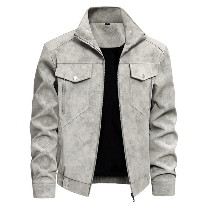 Herren  Faux-Suede Strukturierte Stehkragen-Zip-Jacke mit schrägen Brusttaschen Drune