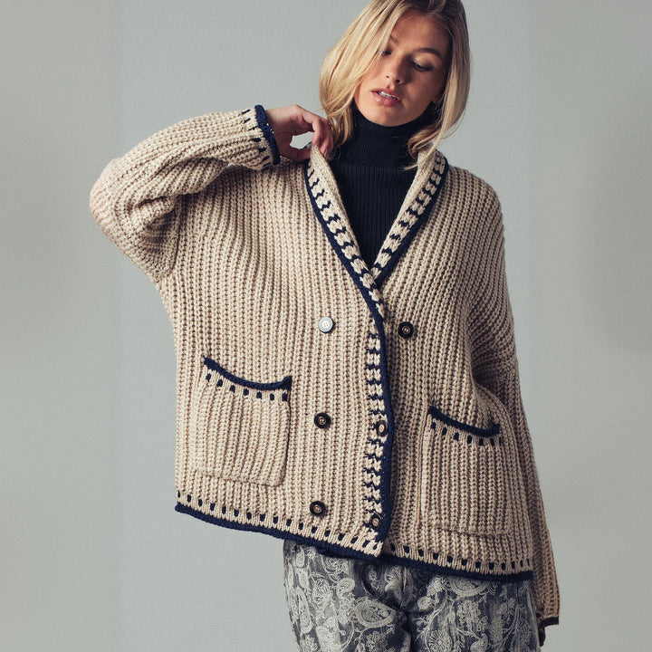 Damen Grobstrick-Cardigan mit Schalkragen, Zierstreifen & aufgesetzten Taschen Drune
