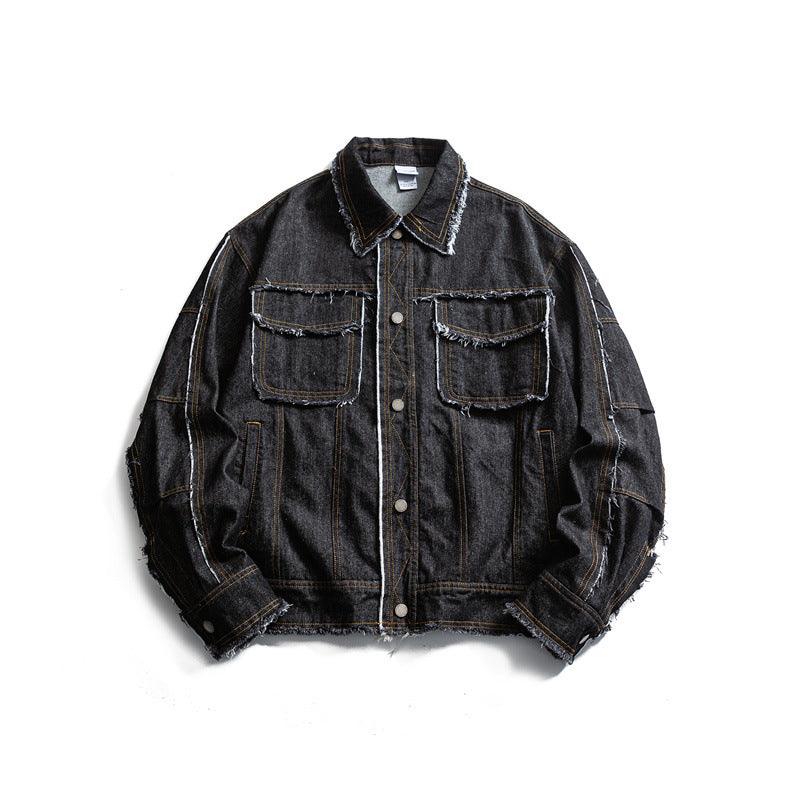 Herren Oversize Jeansjacke mit ausgefransten Kanten und großen Pattenstaschen Drune