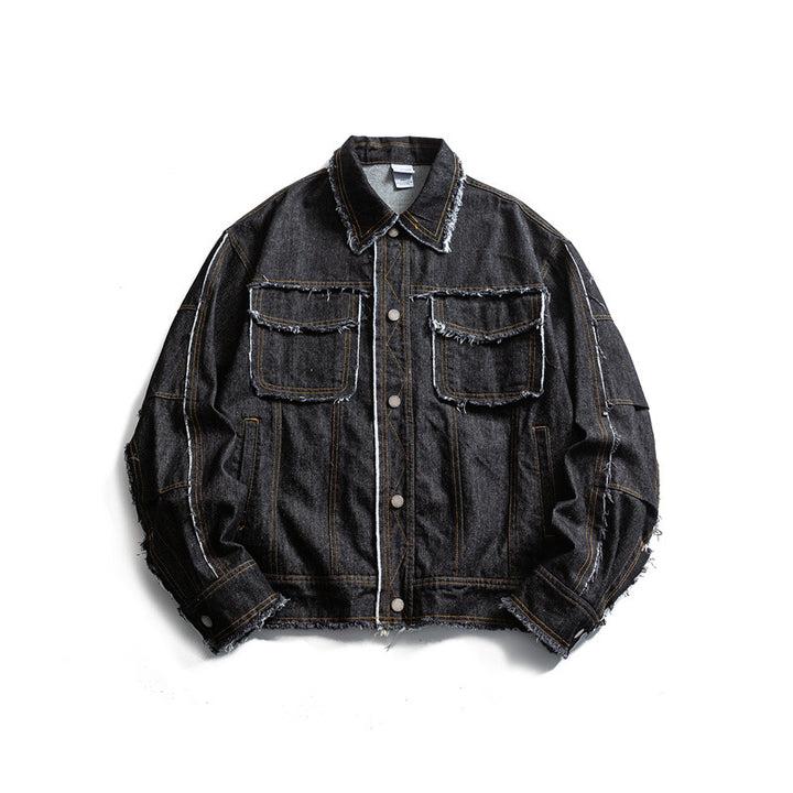 Herren Oversize Jeansjacke mit ausgefransten Kanten und großen Pattenstaschen Drune
