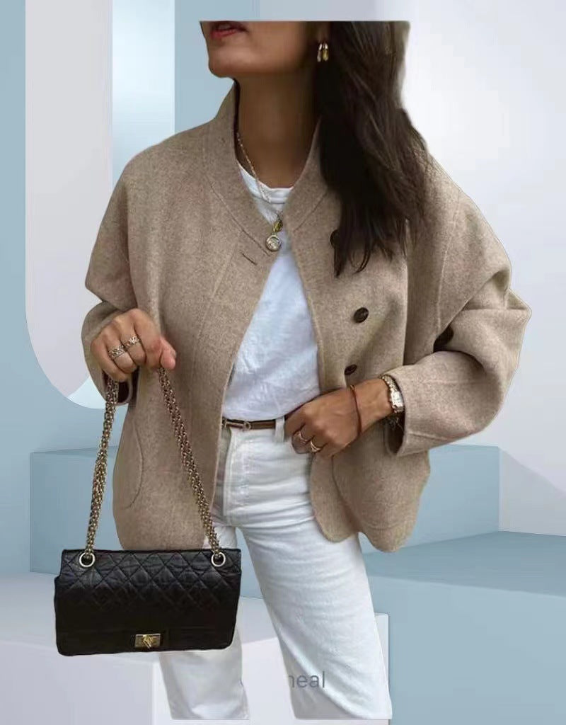 Damen Elegante Oversized-Wolljacke mit Knopfdetails Drune