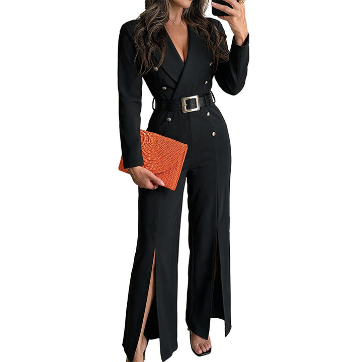 Damen Eleganter Jumpsuit mit Gürtel und Schlitz Drune