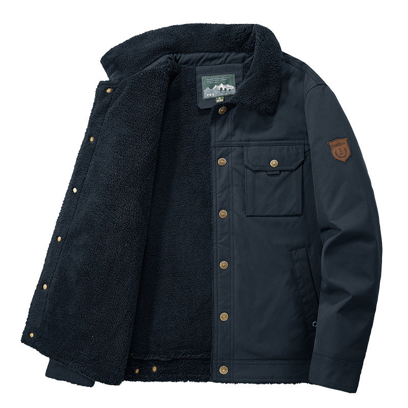 Herren Sherpa-gefütterte Canvas-Truckerjacke mit Teddyfutter und Utility‑Taschen Drune