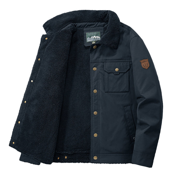 Herren Sherpa-gefütterte Canvas-Truckerjacke mit Teddyfutter und Utility‑Taschen Drune