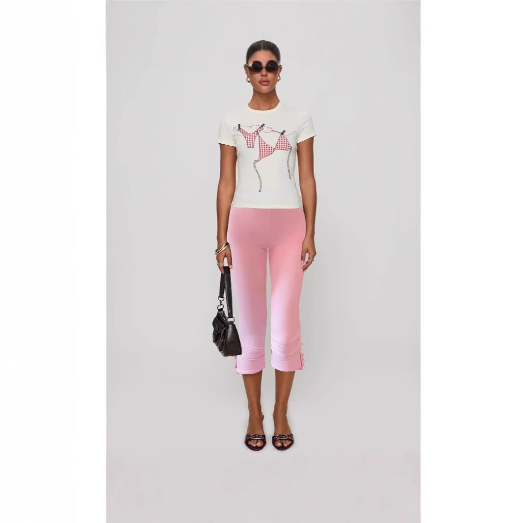Damen T-Shirt mit kreativem Druck und figurbetontem Schnitt Drune
