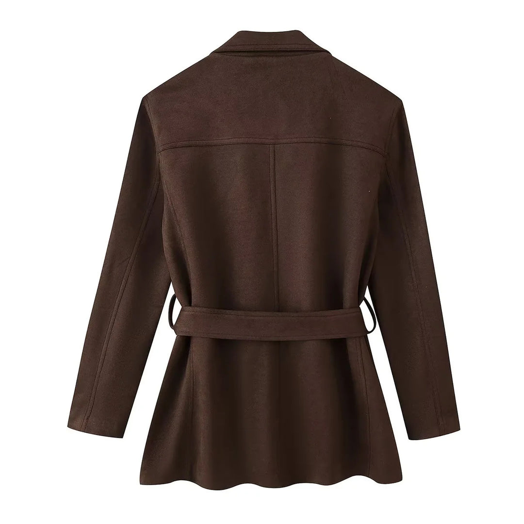 Damen nan taillierte Taillengürtel-Blazerjacke aus Veloursimitat mit Pattentaschen Drune