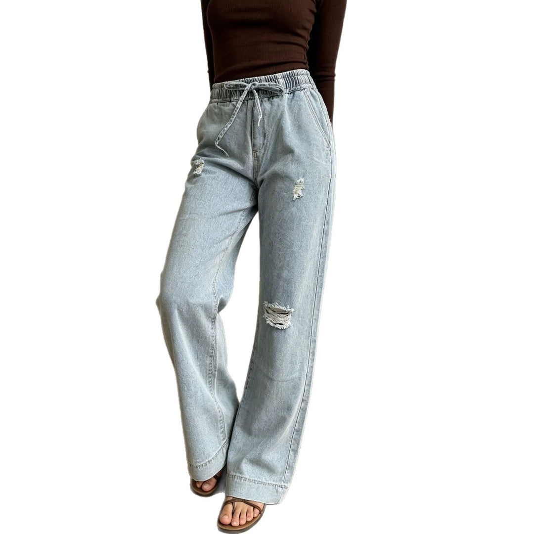 Damen nan weite Denimhose mit elastischem Kordelbund, Used-Effekten und lockerer Passform Drune