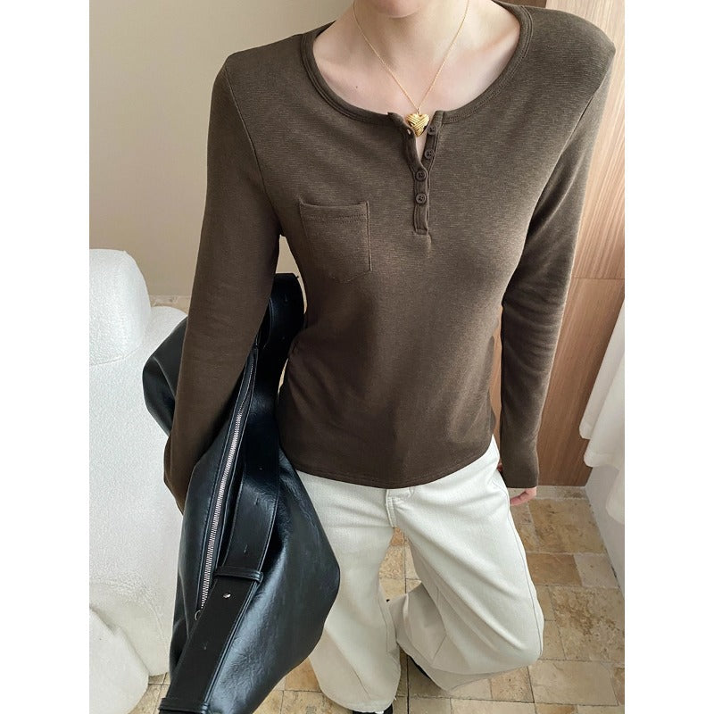 Damen Langarm-Henley-Shirt mit praktischen Knopfdetails und Brusttasche Drune