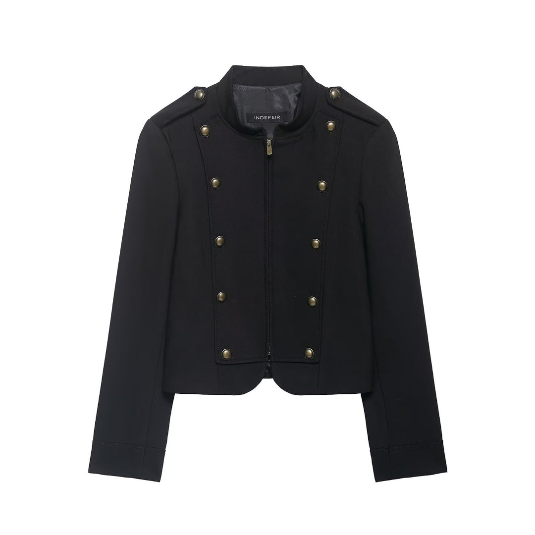 Damen Kurzjacke im Military-Stil mit Stehkragen, Zierknopfleiste und feinem Nadelstreifen Drune