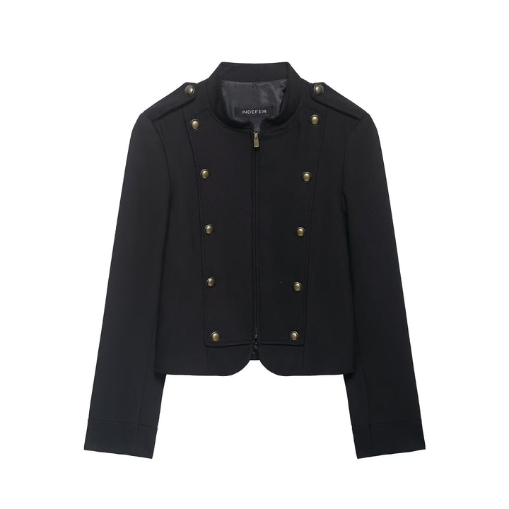 Damen Kurzjacke im Military-Stil mit Stehkragen, Zierknopfleiste und feinem Nadelstreifen Drune