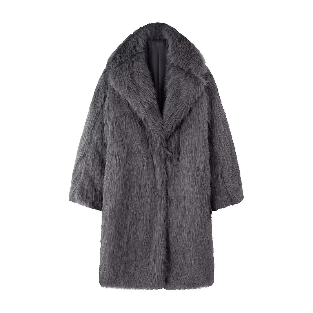Damen nan langer kuscheliger Kunstfellmantel mit voluminösem Schalkragen und Oversize‑Silhouette Drune