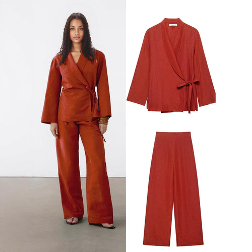 Damen Wickel-Kimono-Set mit Taillenband und weiter Palazzo-Hose Drune