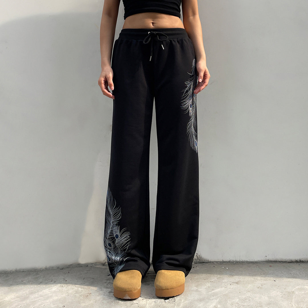Damen nan weite Loungehose mit Kordelzug, hohem Komfortbund und Pfauenfeder-Print Drune