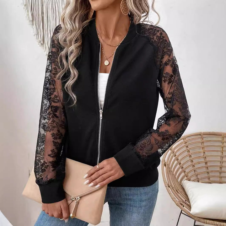 Damen nan leichte Bomberjacke mit floralen Spitzenärmeln und Reißverschluss Drune