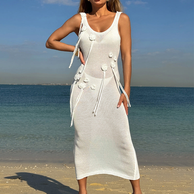 Damen Elegantes Strickkleid mit Blumenapplikationen und seitlichem Bindegürtel Drune